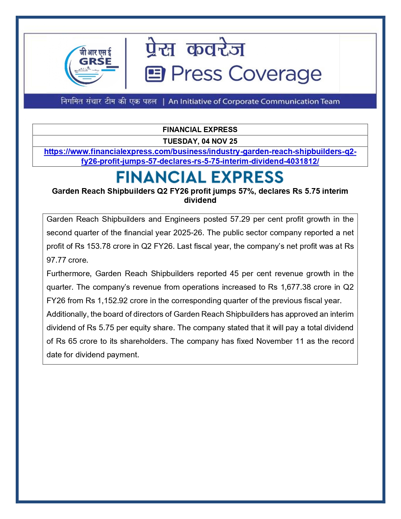   Press Coverage: 05 Nov 25: THE FREE PRESS JOURNAL 